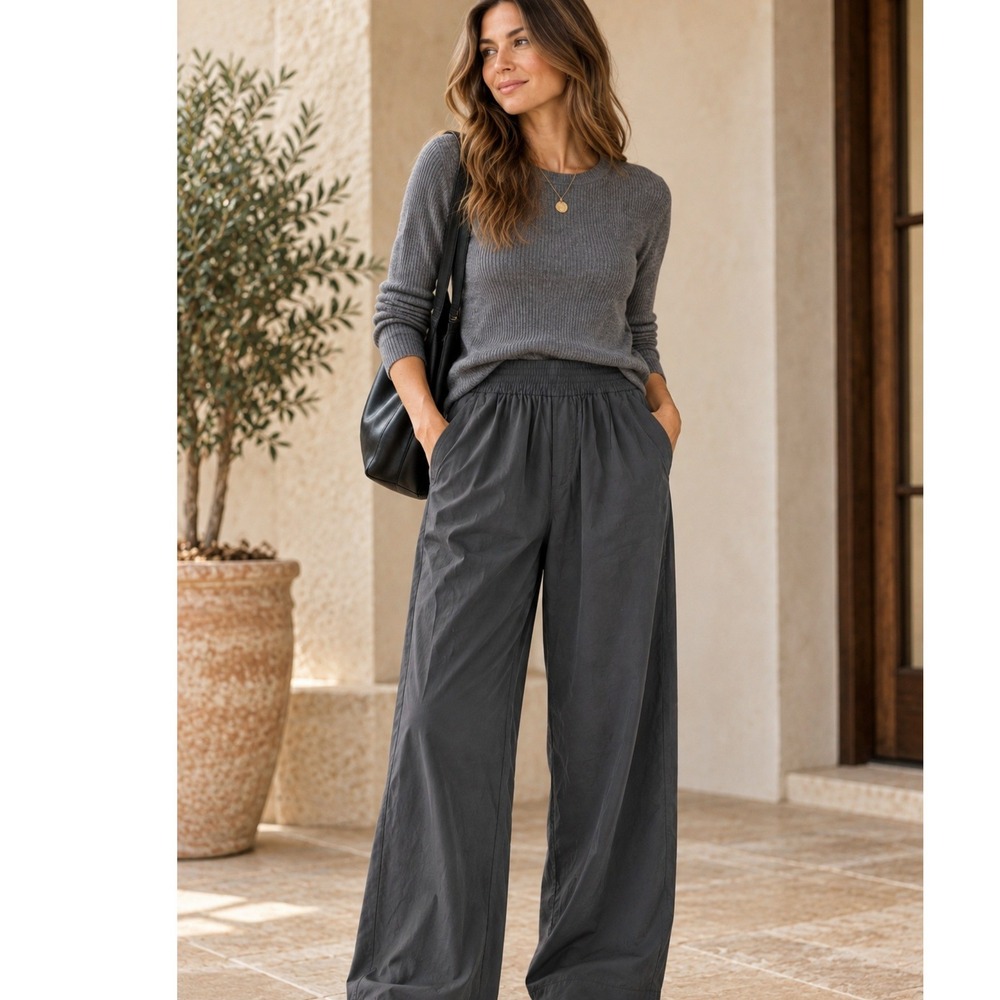 Madewell Pull On Pants Minimalist Black Office Wide Leg Cropped NG528 Size M